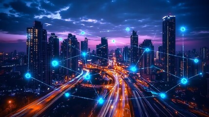 Fototapeta premium Aerial view of a mega city in the evening with tall skyscrapers, whole downtown connected with digital nodes floating on air