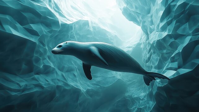 Stylized 3D seal swimming through a geometrically designed ocean, highlighted by sleek lines and modern metallic accents.