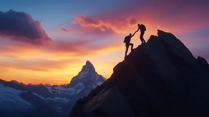 Fotobehang Two climbers climbing up the mountain, one on the top helping the other one to reach the mountain peak faster and easier, teamwork concept © MindVerse