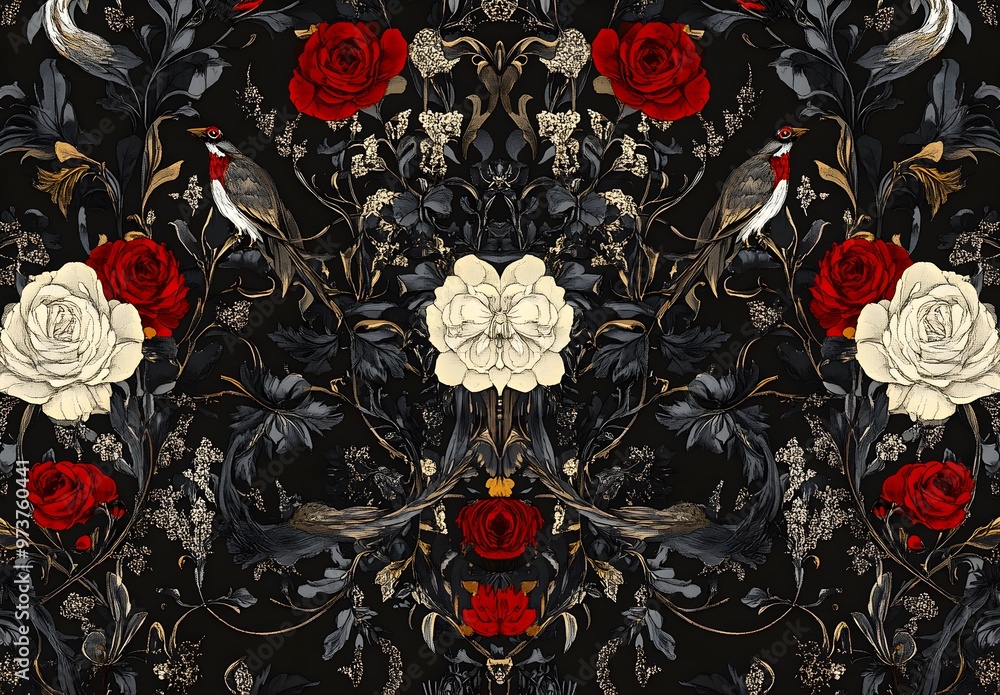 Wall mural black, red, and gold floral pattern with birds