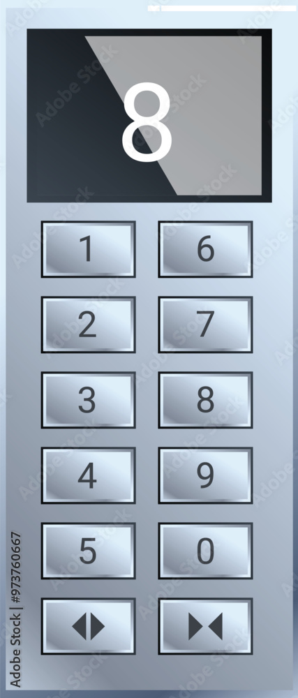 Poster Modern elevator control panel with buttons for each floor and a screen displaying the current floor, number eight