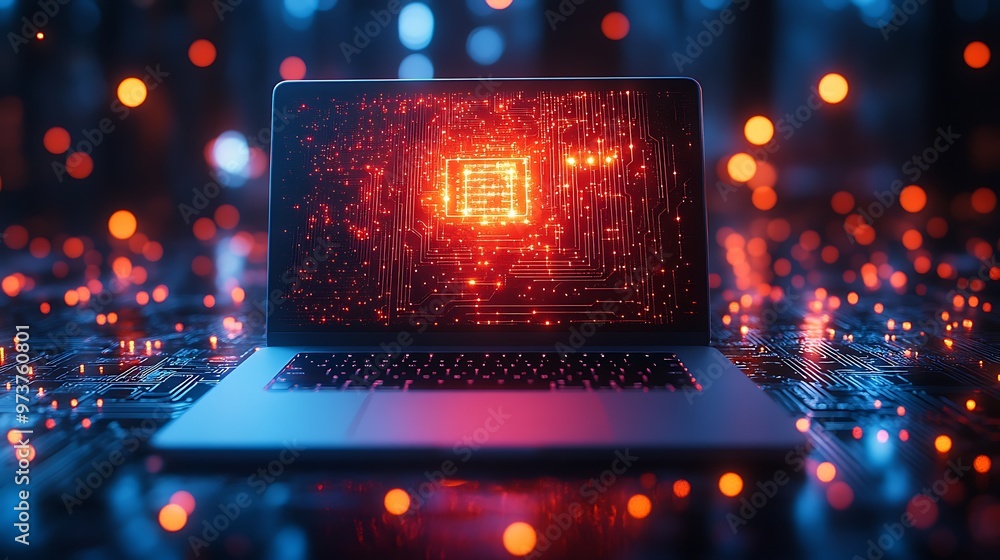 Poster a laptop on the table showing grainy nodes and binary data on it's screen, background is blue and go