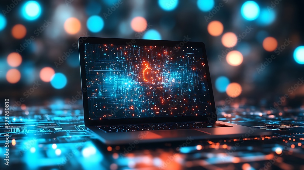 Poster a laptop on the table showing grainy nodes and binary data on it's screen, background is blue and go