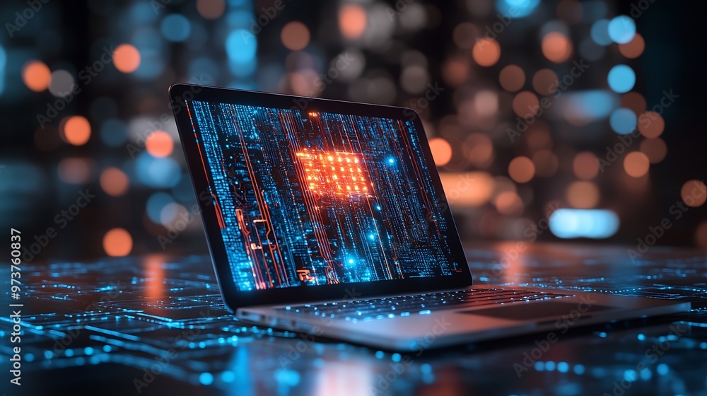 Poster a laptop on the table showing grainy nodes and binary data on it's screen, background is blue and go
