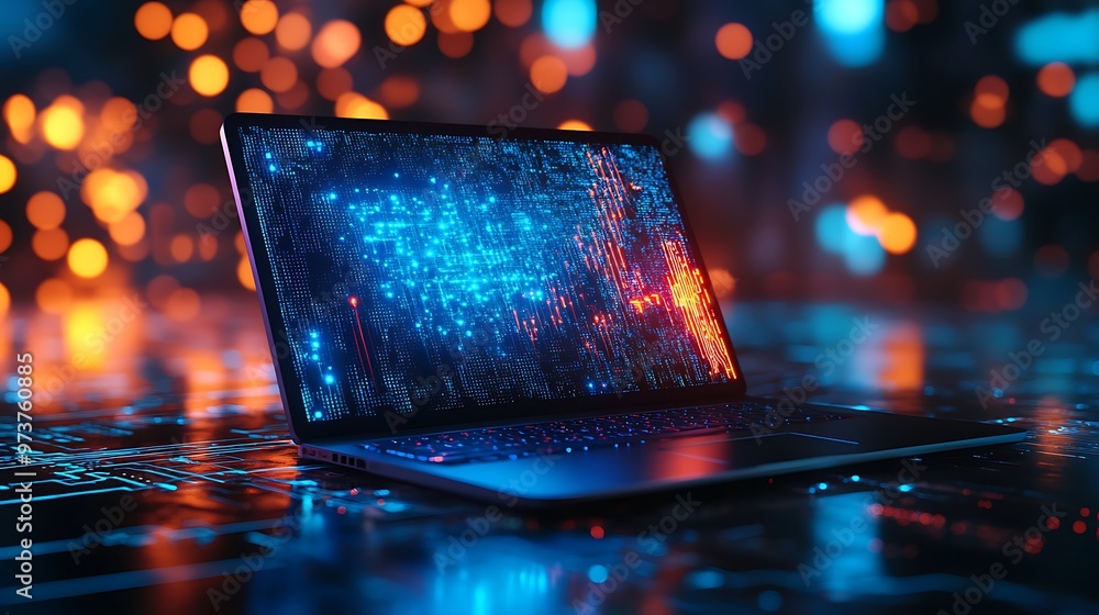 Poster a laptop on the table showing grainy nodes and binary data on it's screen, background is blue and go
