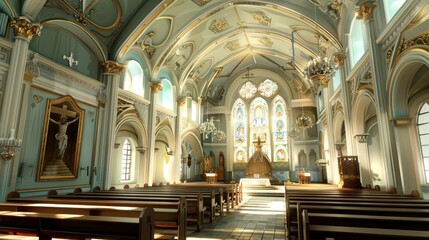 Obraz premium Architectural interior of a majestic Catholic Christian church AI generated image