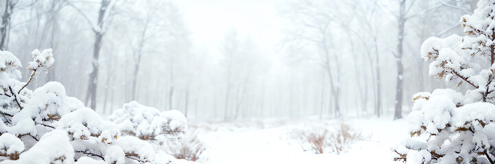 Fototapeta premium Snowy forest path on a misty day, winter wonderland scenery.