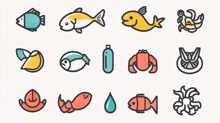 119. An assortment of line icons depicting different seafood items, such as fish, shrimp, crab, and octopus, all designed with a focus on clean lines and simplicity