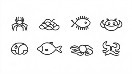 Obraz premium 119. An assortment of line icons depicting different seafood items, such as fish, shrimp, crab, and octopus, all designed with a focus on clean lines and simplicity