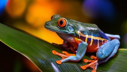 Obraz premium A vibrant tropical frog perches on a lush green leaf, showcasing nature's dazzling palette. Its radiant colors and intricate patterns add an exotic charm, embodying the beauty of rainforest wildlife.