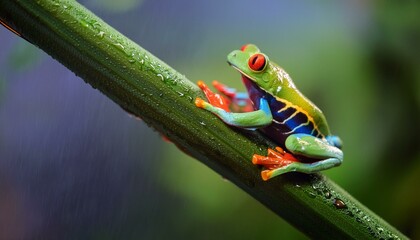 Naklejka premium A vibrant tropical frog perches on a lush green leaf, showcasing nature's dazzling palette. Its radiant colors and intricate patterns add an exotic charm, embodying the beauty of rainforest wildlife.