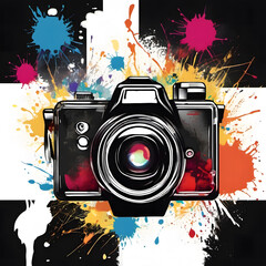 Creative illustration of a camera surrounded by colorful paint splashes in a vibrant artistic design