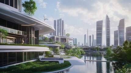 Futuristic Cityscape with Green Spaces and Modern Architecture