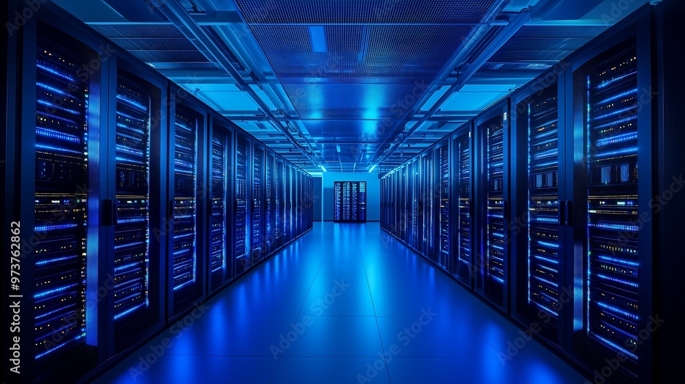 Poster data center full of mega computers and processor machines, hallway corridor with blue lights center 