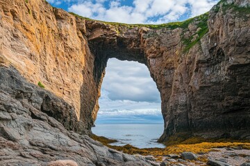 Close view of the window, or natural arch, in perce rock.- ile bonaventure et du rocher-perce national park, perce, gaspe peninsula, quebec, canada, ai