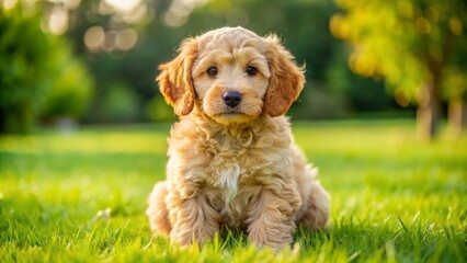 Fototapeta premium Adorable miniature golden doodle puppy with curly fur and big brown eyes sits on a green grass lawn,