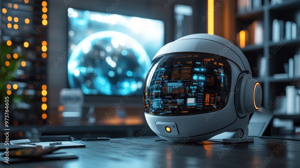 Poster futuristic helmet on a desk with a digital display in background.
