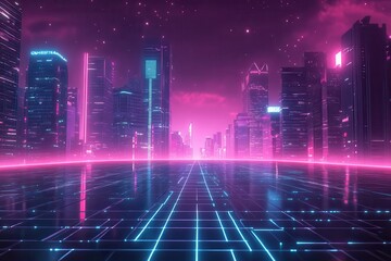 Fototapeta premium A vibrant neon futuristic cityscape with glowing buildings and a reflective grid surface under a starry sky, showcasing sci-fi urban beauty.
