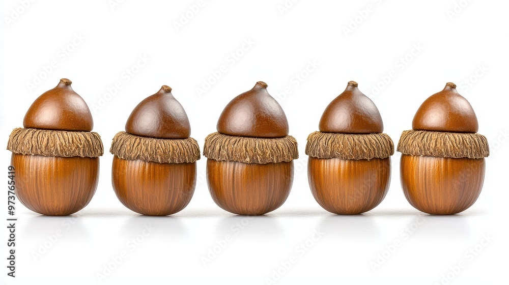 Canvas Prints row of five brown acorns isolated on white background