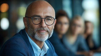 A business meeting with businessmen and businesswomen around the tables looking to camera, a middle aged man in foreground is focused and people on background are defocused with office area