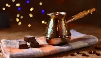 Coffee in a Turkish pot on a textured kitchen towel.