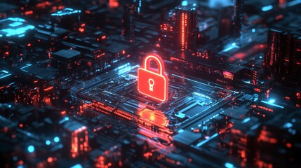 Fototapeta premium Hologram of a lock icon floating over a futuristic cityscape at night, with neon lights reflecting off buildings, emphasizing security and advanced technology in a vibrant, high-resolution scene