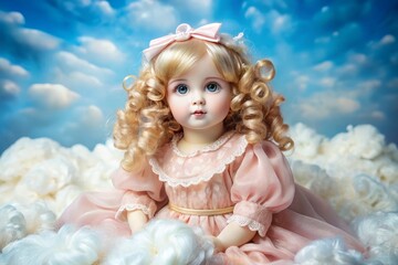Fototapeta premium Adorable porcelain doll with rosy cheeks, curly blonde hair, and sparkling blue eyes, dressed in a pink flowy