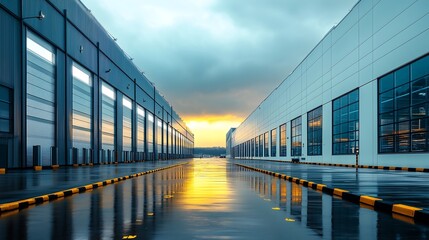 Obraz premium Industrial outdoor view of a factory with long walls and modern designed windows, outside is rainy