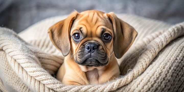 Adorable puggle puppy with wrinkled face and curled tail snuggles into soft blanket, showcasing its lovable and playful