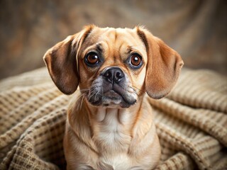 Adorable pug beagle mix dog with wrinkled face and floppy ears sits on a blanket, looking up with