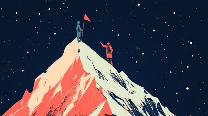 illustrated graphic design on mountain climbers climbing the mountain in starry night, reaching to goals concept
