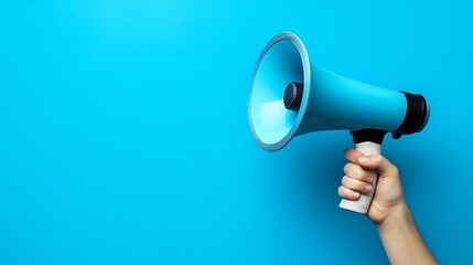 Blue megaphone on blue background holding by a hand, announcement concept