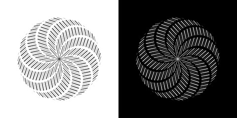 Abstract background with lines pattern in circles. Spiral art design as logo or icon. A black figure on a white background and the same white figure on the black side.