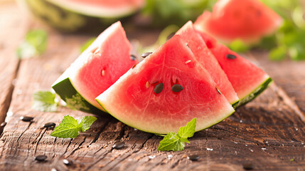 Slices of Watermelon on Wooden Table in Sunlight