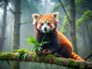 Adorable red panda with fluffy fur and bushy tail sits on a tree branch, munching on bamboo shoots