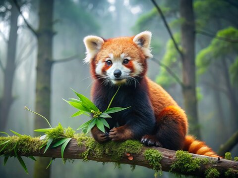 Adorable red panda with fluffy fur and bushy tail sits on a tree branch, munching on bamboo shoots