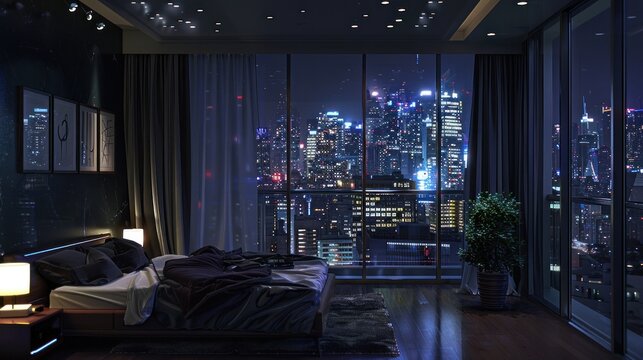 Dark interior of penthouse bedroom at night with large windows and beautiful city view AI generated