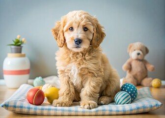 Adorable small golden doodle puppy with curly fur and sweet expression sits on a soft cushion, surrounded by