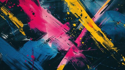 Naklejka premium Dynamic Abstract Background Featuring Directional Arrows with Bold Strokes of Pink, Yellow, and Blue – Accompanied by Splatter Effects for a Sense of Movement and Energy