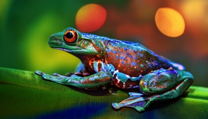 Obraz premium A vibrant rainforest jewel, a tropical frog with intricate snake-skin patterns, basks in the warm sunlight on a lush green leaf. Its vibrant colors and mesmerizing details 