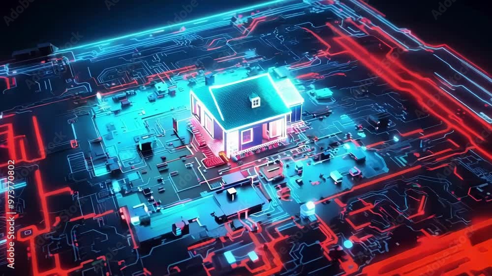 Poster futuristic holographic house projection from motherboard symbolizes tech integration in smart homes,