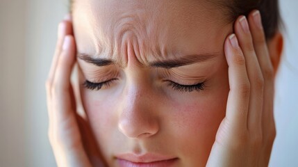 Fototapeta premium Young woman with a headache, common health problems, soft background, focus on expression