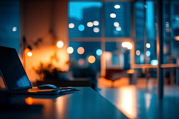 At night beautiful Abstract blurred office interior room. blurry working space with defocused effect, ai