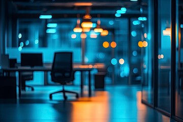 At night beautiful Abstract blurred office interior room. blurry working space with defocused effect, ai