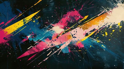 Naklejka premium Dynamic and Energetic Abstract Background: Featuring Directional Arrows with Bold Strokes of Pink, Yellow, and Blue, Accompanied by Splatter Effects on a Dark Backdrop