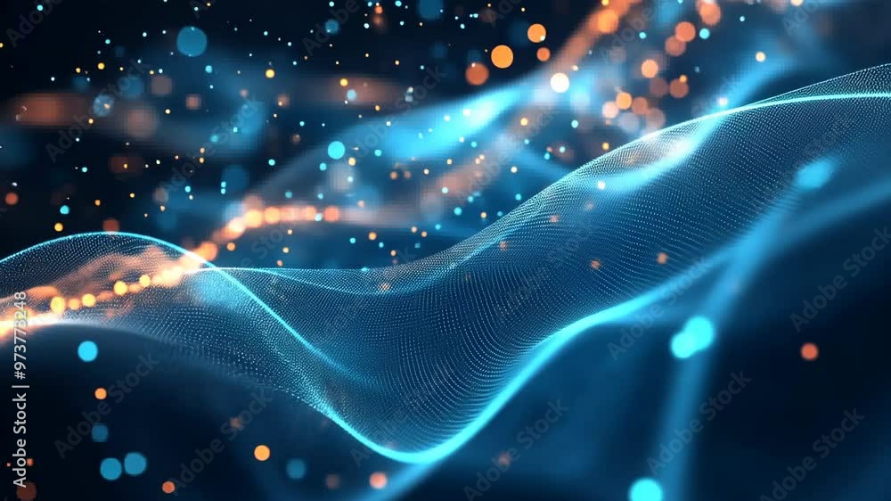 Poster dynamic blue and orange wave pattern showcasing flowing light particles amid a dark background