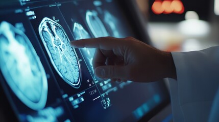 A doctor points to a brain scan on a computer monitor