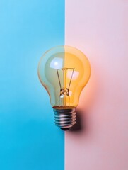 A light bulb is lit up on a blue and pink background