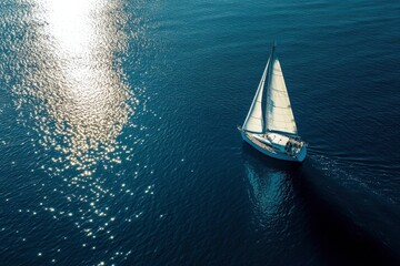 Aerial view of serene sailboat with sun reflection on calm ocean, Hawaii, United States, ai