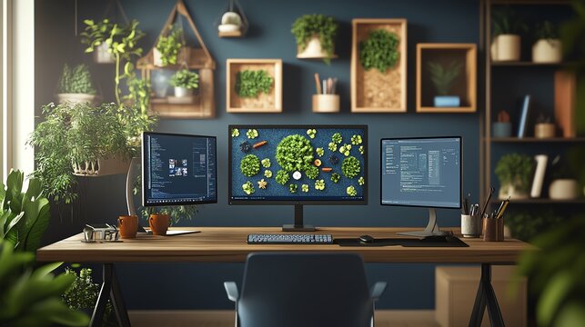 Modern home office with three monitors, plants, and a wooden desk.